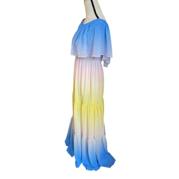 Lillys Kloset Chiffon Multi Blue Yellow Hombre Flowy Beach Maxi Dress Size L - Picture 2 of 6